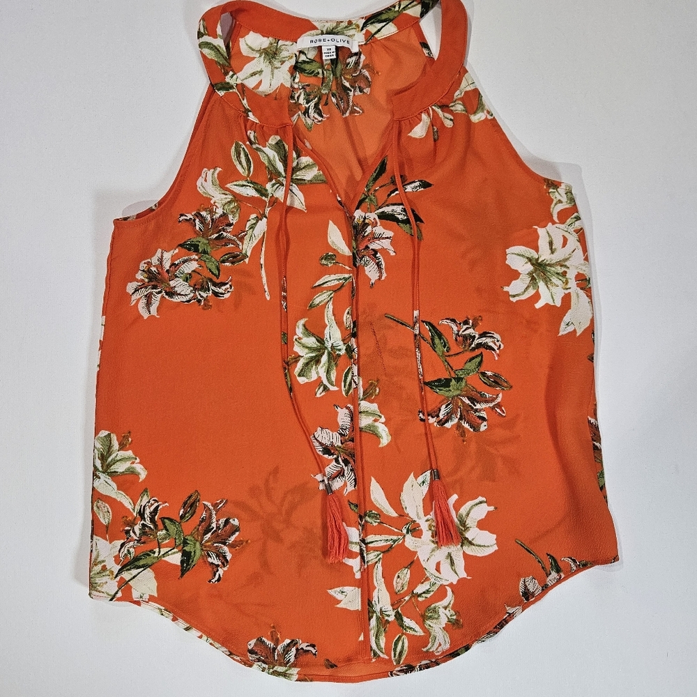 Rose & Olive Blouse Womens XL Orange Floral Relaxed Classic‎ Career Top (Flawed)